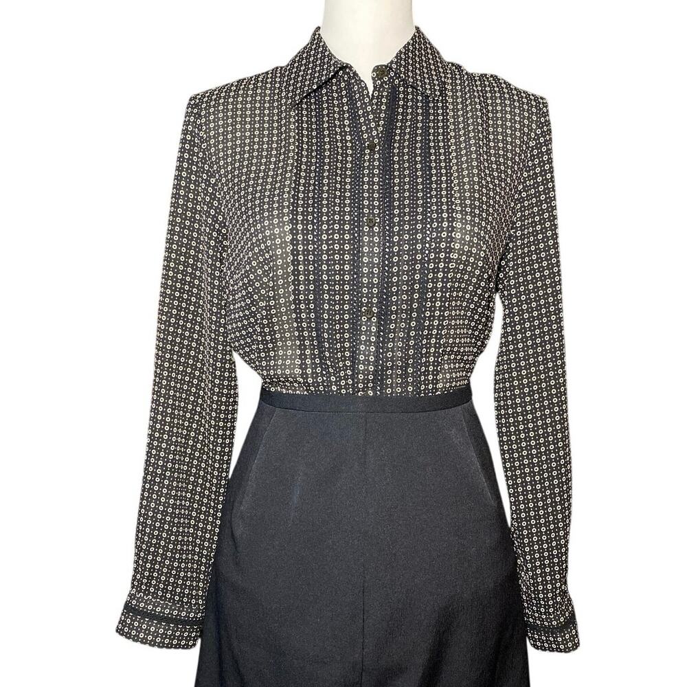 Norton McNaughton Petites Semi Sheer Geo Print Button Down Blouse Size 6P Black